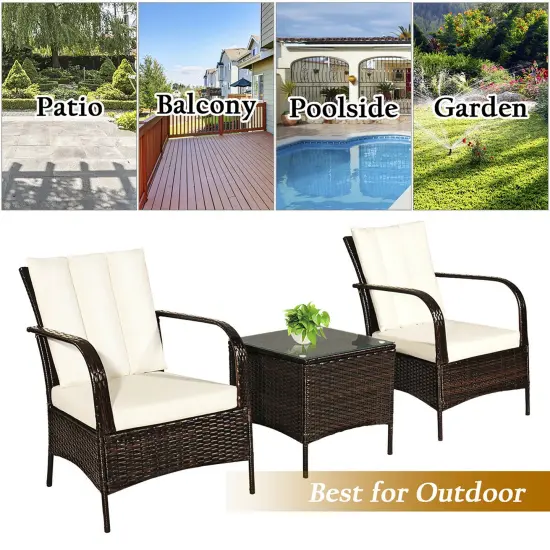 Costway 3 PCS Patio Rattan Furniture Set Coffee Table & 2 Rattan Chair W/White Cushions {6}