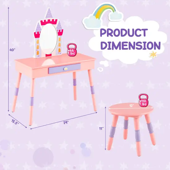 Costway Kids Vanity Set Princess Makeup Pretend Play Dressing Mirror Castle Girls Pink {3}