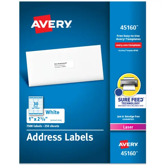 Avery Easy Peel Printable Address Labels with Sure Feed, 1" x 2-5/8" Customizable Stickers, White, 7,500 Blank Mailing Labels, Great for Mailing, Shipping, and More (45160) {1}