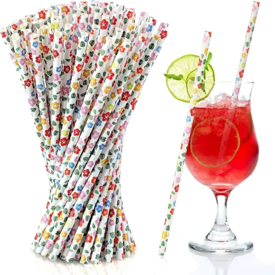 100 Pcs flower Hawaiian Tropical Party Paper Straws Luau Party Favor Drinking Straws Cocktail Tropical Decorations for Luau Supplies, Beach, Birthday, Wedding, Bridal, Juice, Shakes {1}