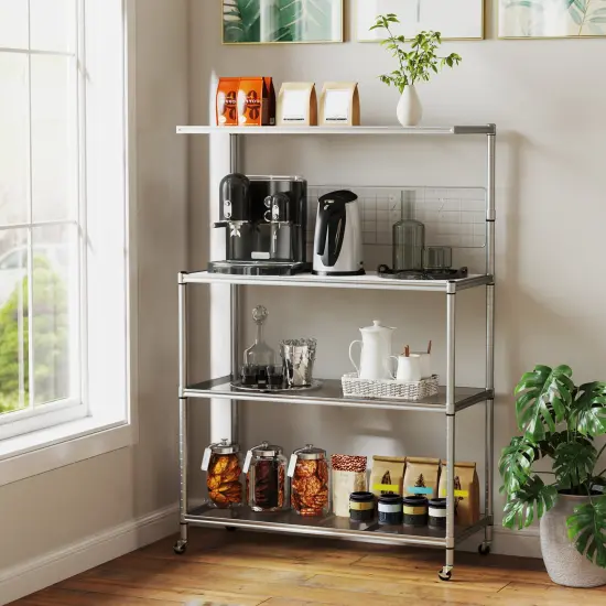 Silver 4-Tier Microwave Stand Rack with 3 Height Adjustable Shelves and 4 Smooth Wheels {6}