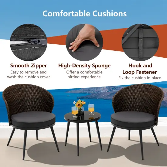 Costway 3PCS Patio Rattan Bistro Furniture Set Cushioned Chair Table Garden {6}