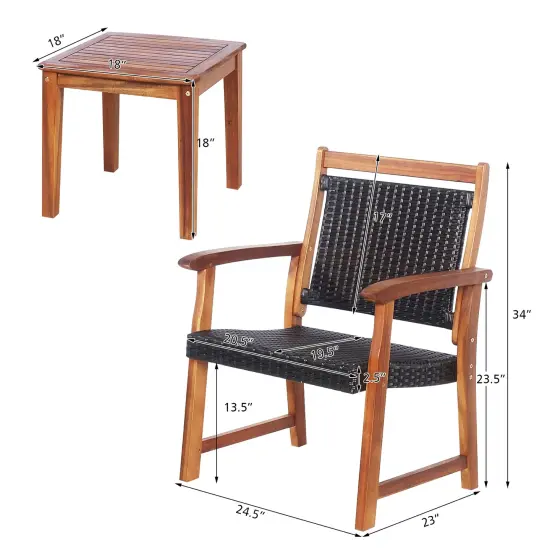 Costway 3PCS Patio Rattan Bistro Set Acacia Wood Frame Armrest Chairs Garden {3}