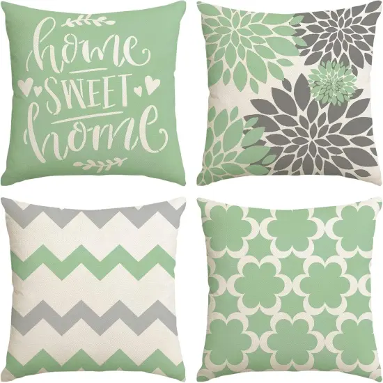 Set of 4 Geometric Floral Throw Pillow Covers 18 x 18 inch Spring Summer Farmhouse Cushion Covers for Home D&eacute;cor (Sage Green) {1}