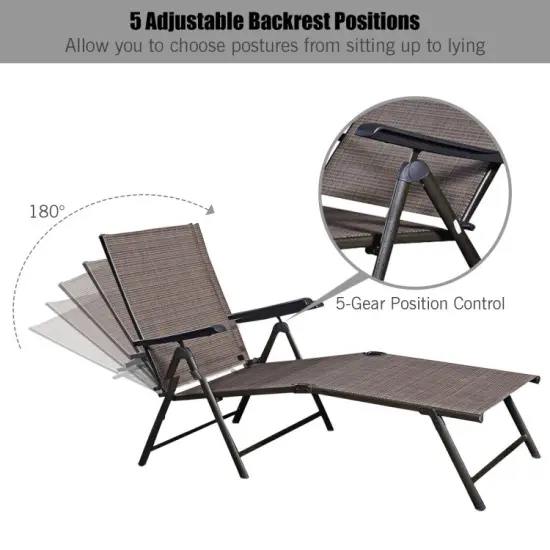 Outdoor Adjustable Chaise Lounge Chair Foldable Tan Recliner with Steel Frame & Armrests {3}