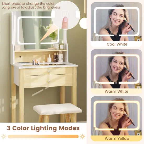 White Small Dressing Table Set with Adjustable LED Lighted Mirror and Power Outlets {6}