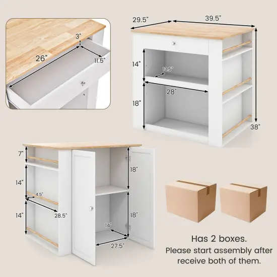 White Modern Kitchen Organizer with Rubber Wood Countertop and 2 Open Shelves {5}