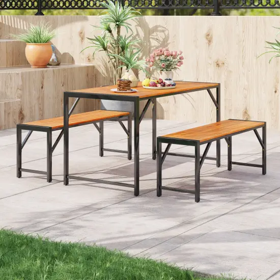 Natural Acacia Wood Dining Set, 3-Piece Table and Bench Set {3}
