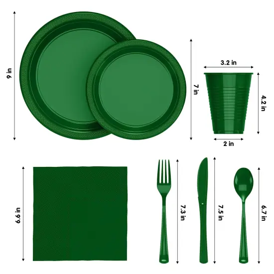 Exquisite 350 Pcs Plastic Plates for Party &ndash; Disposable Plates Set &ndash; 50 Each of 9" Dinner Plates, 7" Dessert Plates, Plastic Cups, Napkins & Plastic Cutlery &ndash; Plastic Dinnerware by Party Solids Emerald Green {2}