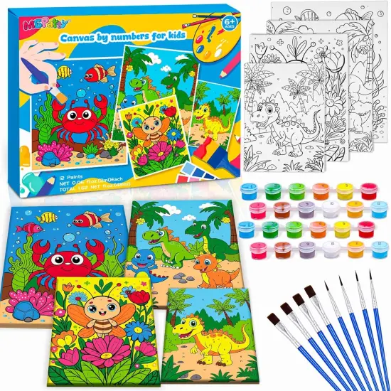 4 Pack Paint by Numbers for Kids, Pre-Drawn Canvas Painting Kit, Includes 12 Paints and 8 Brushes, DIY Painting for Classroom Games Home Wall Decor, Kids' Paint by Number Kits {1}