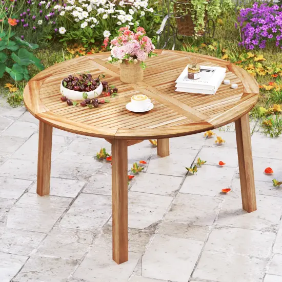Natural Acacia Wood Round Outdoor Dining Table with Umbrella Hole {3}