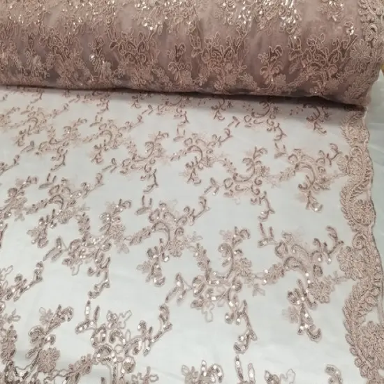 1 Yard Dusty Rose Metallic Flowers Sequins Mesh Lace Fabric for Tablecloths and Costumes {1}