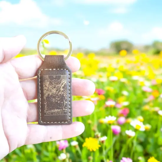 Keychain - Rectangle - The Lovers Tarot Card - Leather Rawhide/Black {4}
