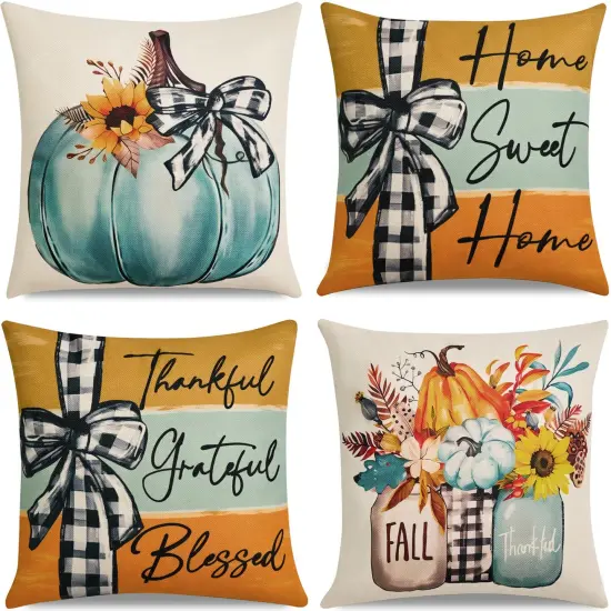 Fall Decorations for Home-Throw Pillow Covers 18x18 in Set of 4,Pumpkin Linen Pillow Case for Thanksgiving Couch Autumn Holiday Outdoor Burnt Orange Blue White Decor {1}