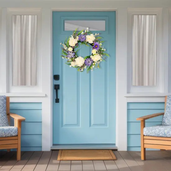 Northlight Daisy and Peony with FoliageArtificial Floral Twig Wreath - Purple - 22" {4}