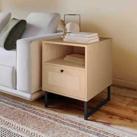 Merrick Lane Burkett Mid-Century Modern Wooden Bed Side Table/Nightstand with Drawer and Shelf Natural {3}