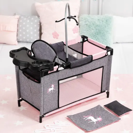 Bayer: Multi-Bed - Grey, Pink, Fairy - Playpen Accessory for Dolls Up to 18", Built-in Highchair & Mobile, Pillow & Blanket, Kids Age 3+ {5}
