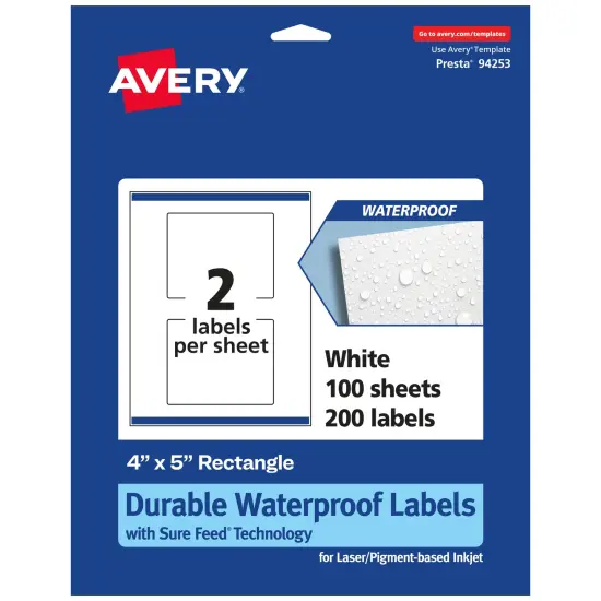 Avery Durable Waterproof Rectangle Labels with Sure Feed, 4" x 5" {1}