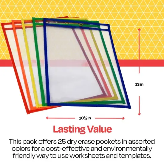 School Smart Reusable Dry Erase Pocket Sleeves, 10-1/2 x 13 Inches, Assorted, Set of 25 {5}