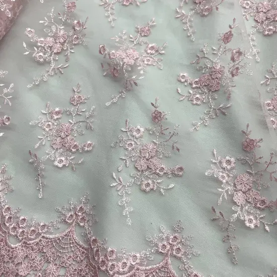 1 Yard Embroidered Lace Fabric Floral Elegant Net Mesh Wedding Dress 54" Width Pink {2}
