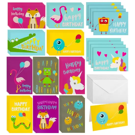 48 Pack Bulk Happy Birthday Cards with Envelopes, 4x6 inch Birthday Greeting Note Card Assortment (12 Designs) - Bday Cards Pack for Ages 3-14 Multicolor {1}