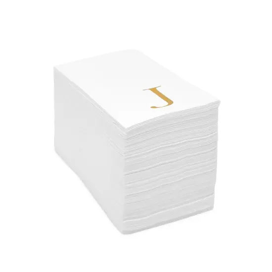 Sparkle and Bash 100 Pack Gold Foil Initial Letter J White Monogram Paper Napkins for Wedding Reception, Table Decorations (4 x 8 In) {7}