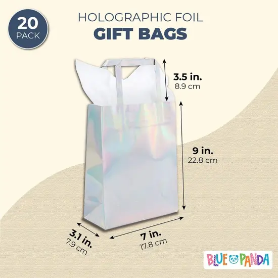 20 Pack Holographic Foil Paper Gift Bags with Handles, Reusable Iridescent Gift Bags for Baby Shower, Birthday, Wedding, Party Favors, Goodies, Boutique (7 x 9 x 3.1 In) Silver {2}