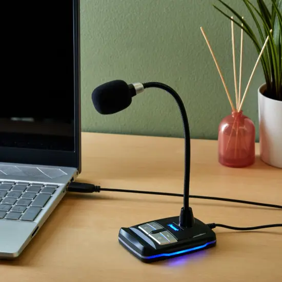 Omnidirectional Microphone for Computer with Phone Stand, Adjustable Gooseneck, RGB Lighting, 3.5mm Headphone Output, and 6 Foot Cable Compatible with USB for Gaming, Video Conferencing Black {2}