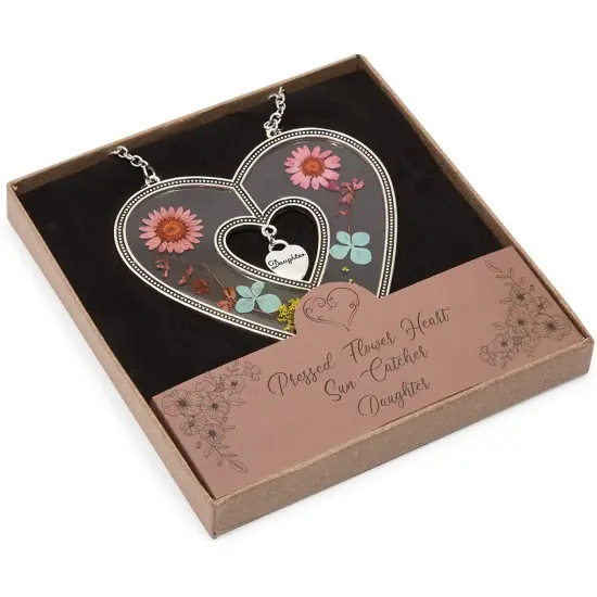 Metal Hanging Heart Suncatcher with Pressed Flowers for Window and Home Decor, 4.5 x 8.25 in. Pink {7}