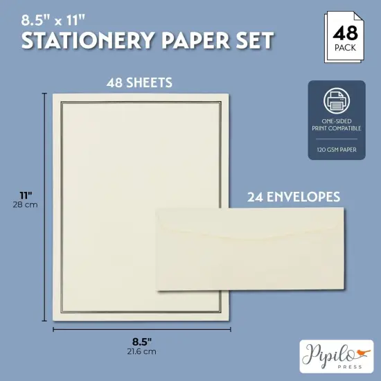 Pipilo Press 72 Piece Stationery Set for Writing Letters with 48 Ecru and Black Border Paper Sheets and 24 Envelopes (8.5 x 11 in) White {2}