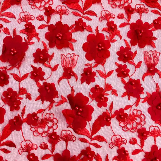 1 Yard Beaded 3D Floral Lace Fabric Embroidered Couture Mesh Dress 49" Width Fuchsia {5}