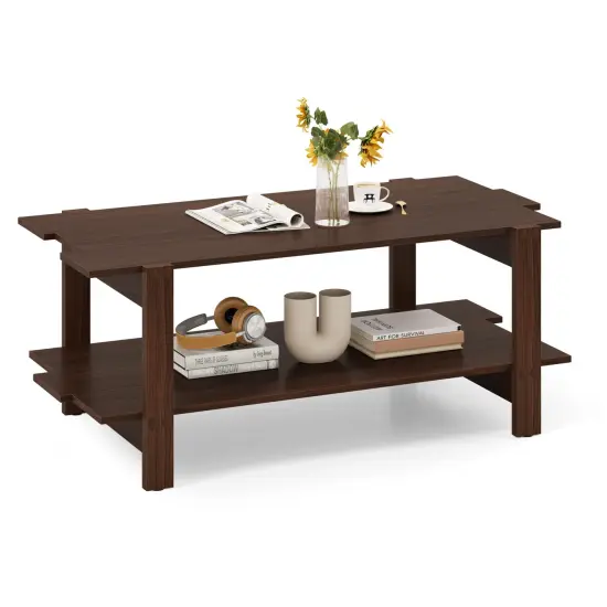 Walnut Engineered Wood 2-Tier Coffee Table with Slatted Shelf {1}