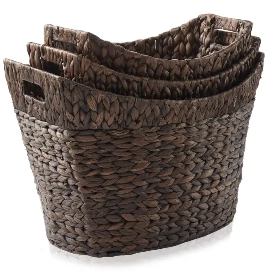 Casafield Set of 3 Stackable Oval Laundry Baskets with Handles, Woven Water Hyacinth Storage Totes for Throw Blankets, Bathroom, Bedroom, Living Room {3}