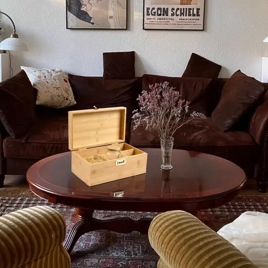 Bamboo Storage Box, 13.8" x 8" x 6" Extra Large Wooden Storgae Organizer with Combination Lock, Versatile Storage Contaniers with Adjustable Compartments for Home Office Jewelry Keepsakes {5}