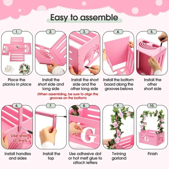 Wooden Baby Shower Crate Closet Rainbow Baby Storage Crate Hamper with Handle Garland 26 Letter Basket Baby Shower Wooden Gift Crate for Girls Boys Pregnancy Gifts for Parents (Pink) {3}