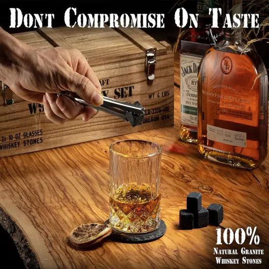 Whiskey Stones Gift Set, Whiskey Glass and Stones Set with Wooden Army Crate, 8 Granite Whiskey Rocks Chilling Stones and 10oz Whiskey Glasses, Whiskey Gift for Men, Dad, Husband {5}