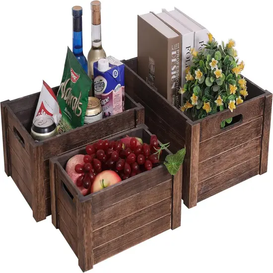 Farmhouse Antique Black Wooden Crate for storage,Rustic Decorative Boxes,Set Of 3 Extra Large Nesting Wooden Storage Crates For display ,Handmade Natural Solid Wood Box (Rustic Black) {3}