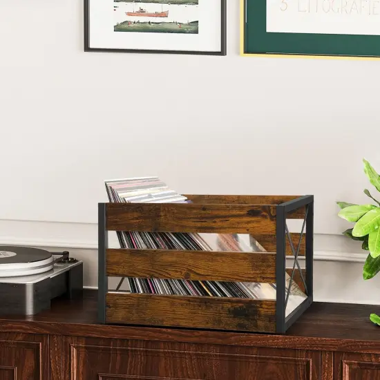 Vinyl Record Storage, Large LP Vinyl Record Storage Crate, Metal & Wooden Vinyl Record Album Holder, Cube Record Organizer Box, Holds up to 80+ Records {2}