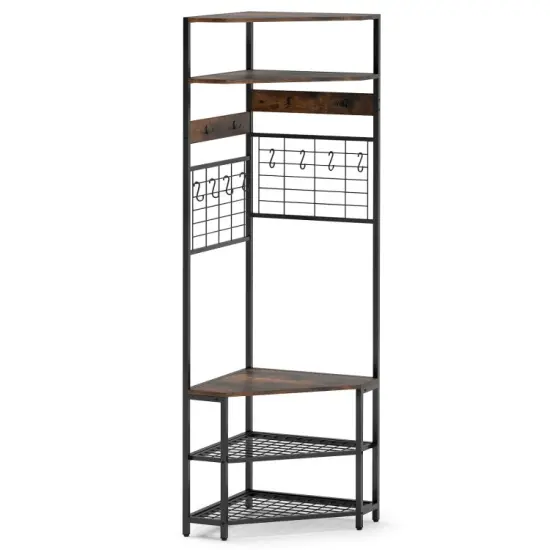 5-Tier Corner Hall Tree with Shoe Storage Bench White {8}