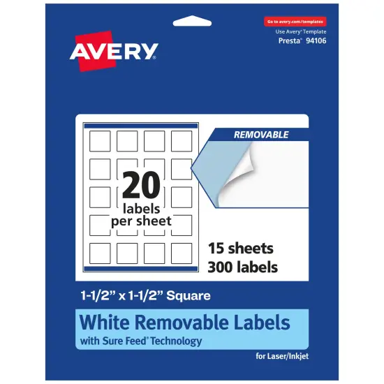 Avery Matte White Removable Square Labels with Sure Feed Technology, Print-to-the-Edge, 1.5" x 1.5" {1}