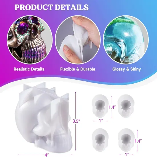 LET'S RESIN Resin Molds Silicone, 1 Pc Large Silicone Skull Epoxy Molds with 4 Pcs Small Skeleton Epoxy Resin Molds for Resin Casting Art Crafts, Candle Making, Home Decor, Pendants, Keychains {2}