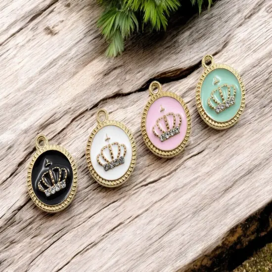 16x19mm Gold Plated Enamel Rhinestone Crown Charms -- Choose Your Color Green (1032) {2}