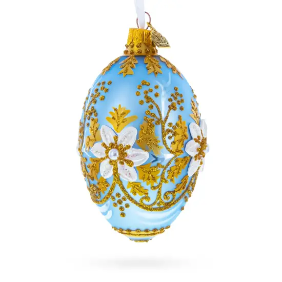Blue and Gold Embossed Floral Glass Egg Ornament 4 Inches {4}
