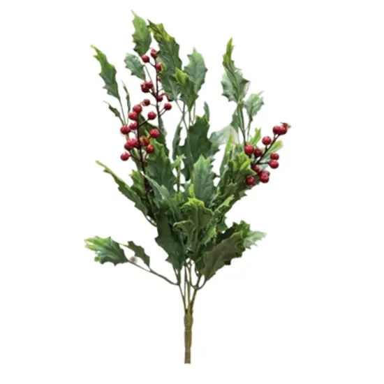 14" Green Dazzling Holly Bush with Plastic leaves and Red Berries on Plastic Stem {1}