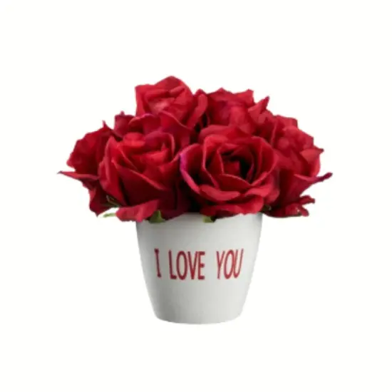 7" Artificial Red Rose Arrangement | "I Love You" Ceramic Vase for Romantic Decor {1}