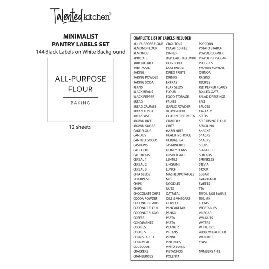 Talented Kitchen 144 Pantry Labels for Containers, Food Storage - Preprinted Black All-Caps on Matte White Vinyl Stickers for Minimalist Style Kitchen (Water Resistant) {6}