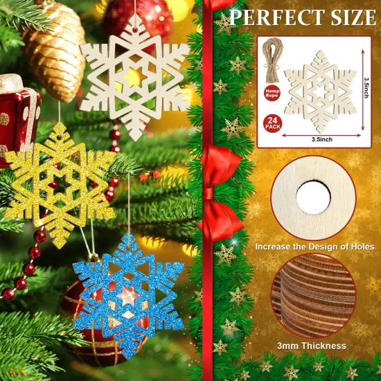 Wooden Snowflake Ornaments to Paint - Christmas Winter Decoration Cutouts Unfinished 24PCS 3.5 Inches, DIY Blank Tree Ornament for Home Snowflakes Crafts Hanging {2}