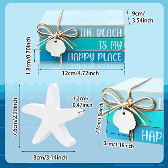 4 Pcs Starfish Shell Beach Tiered Tray Beach Blue Wooden Book Decor Wood Stacked Book Table Centerpiece for Summer Rustic Farmhouse Home Living Room Decorative(Starfish Shell) {6}