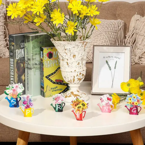 6 Pieces Spring Wood Block Signs Wooden Tabletop Spring Decor Flowers Decor Tiered Tray Decorations Watering Can Table Centerpiece Wall Pediments for Home Farmhouse Tabletop {3}