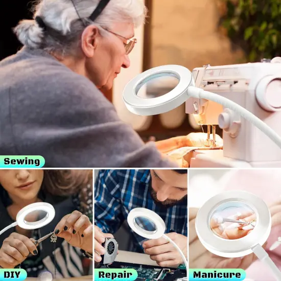 10X Magnifying Glass with Light, Clip on Mganifier with Light, 48 LED Desk Magnifying Glass wtih Clamp, 3 Modes Dimmable Magnifying LED Lamps for Bed Work Crafts DIY Repair White {2}